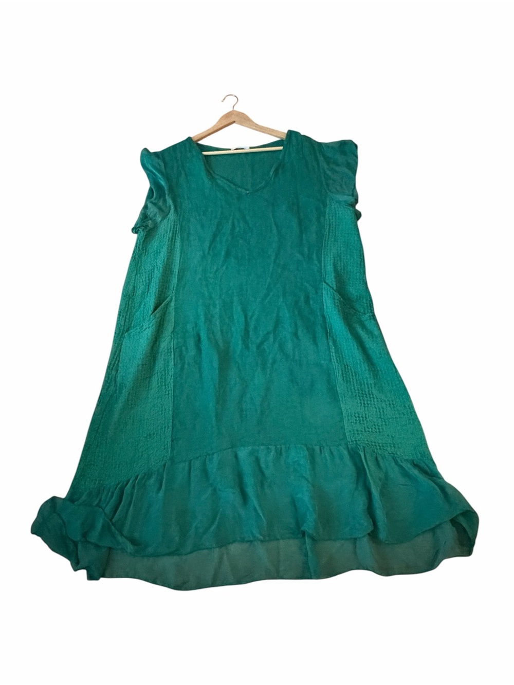 Made In Italy Green Linen Silk Cotton Blend Tiered Ruffle Shift Dress L/XL
